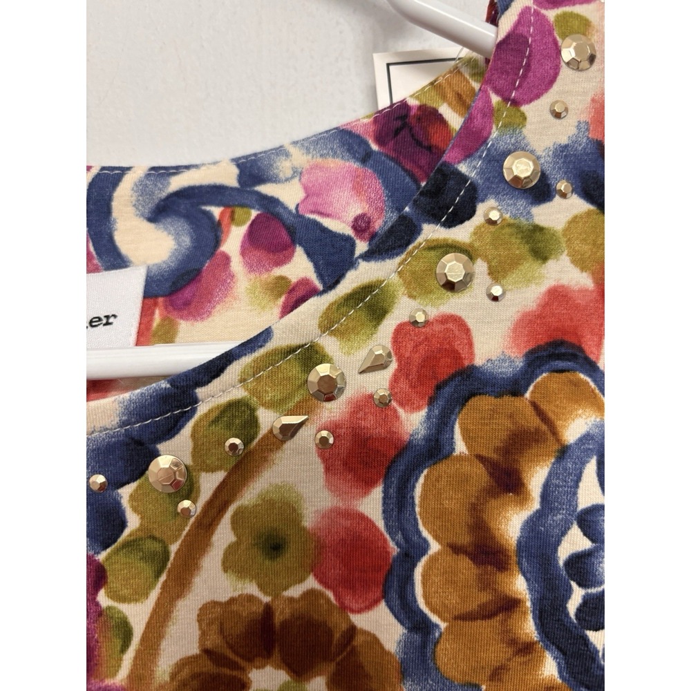 NWT Alfred Dunner Small Paisley Red Blue 3/4 Sleeve Blouse 40x25 Beaded Neck - Picture 3 of 10